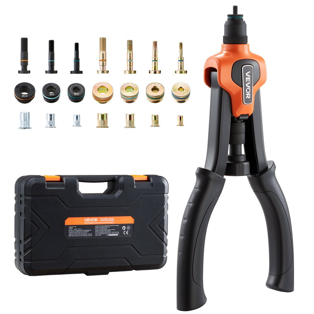 VEVOR Rivet Nut Tool Kit, 14-Inch Two-Handed Rivnut Tool Kit, with 7 Mandrels and 70 Nuts, Metric and SAE Size M6, M8