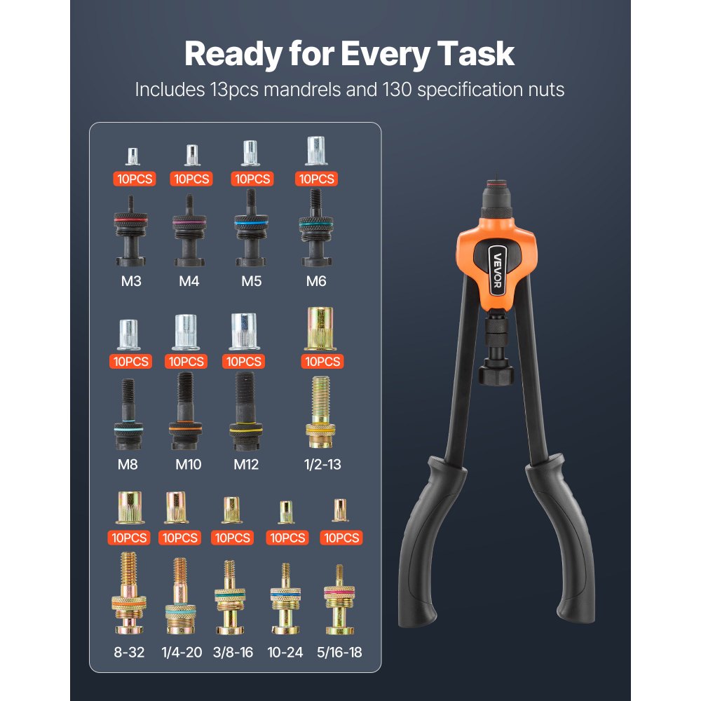 VEVOR Rivet Nut Tool Kit, 17-Inch Rivnut Tool Kit, with 13 Mandrels and 130 Nuts, Metric and SAE Size M3, M4, M5, M6