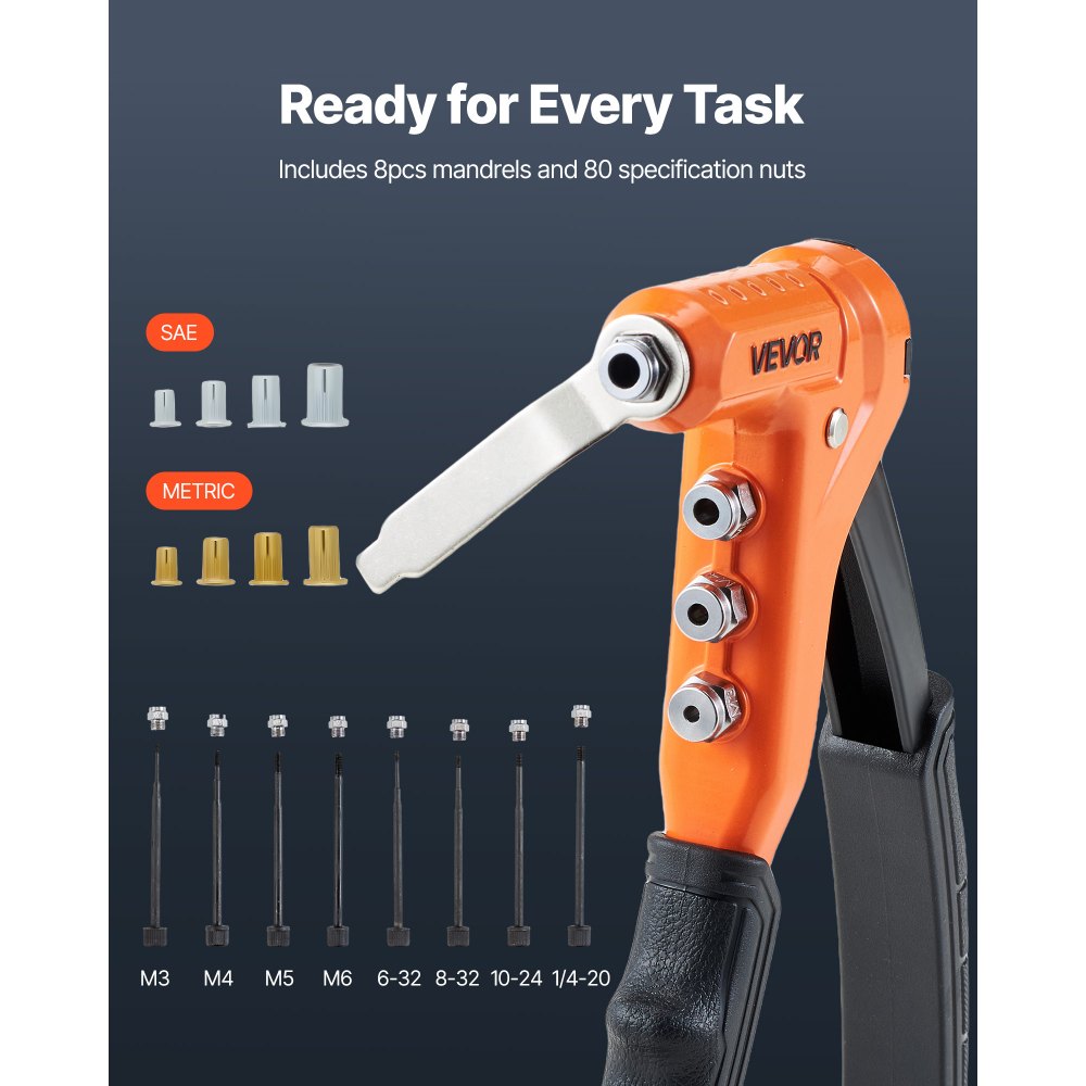 VEVOR Rivet Nut Tool Kit, 9-Inch One-Handed Rivnut Tool Kit, with 8 Mandrels, a Step Drill Bit and 80 Nuts, Metric and