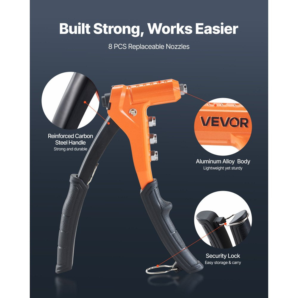 VEVOR Rivet Nut Tool Kit, 9-Inch One-Handed Rivnut Tool Kit, with 8 Mandrels, a Step Drill Bit and 80 Nuts, Metric and