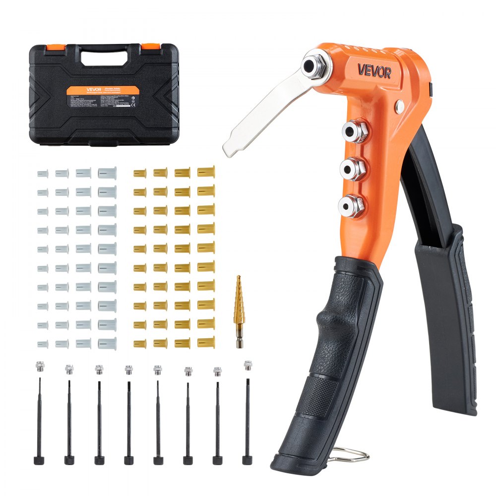 VEVOR Rivet Nut Tool Kit, 9-Inch One-Handed Rivnut Tool Kit, with 8 Mandrels, a Step Drill Bit and 80 Nuts, Metric and