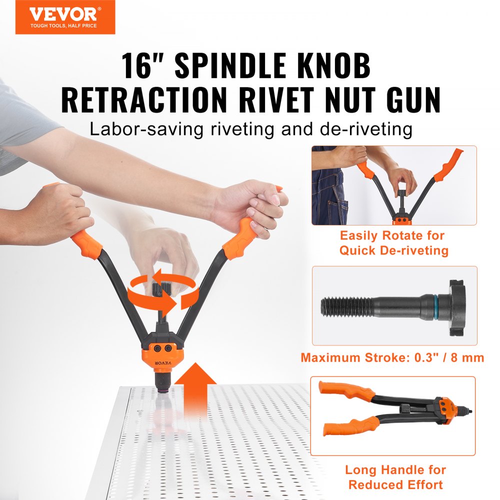VEVOR 16" Rivet Nut Tool, Labor-Saving Rivnut Tool Kit with 13PCS Metric & SAE Mandrels, 186PCS Rivet Nuts,M3, M4, M5