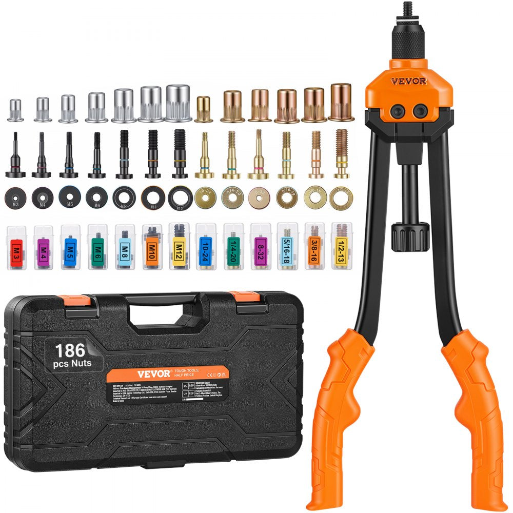 VEVOR 16" Rivet Nut Tool, Labor-Saving Rivnut Tool Kit with 13PCS Metric & SAE Mandrels, 186PCS Rivet Nuts,M3, M4, M5