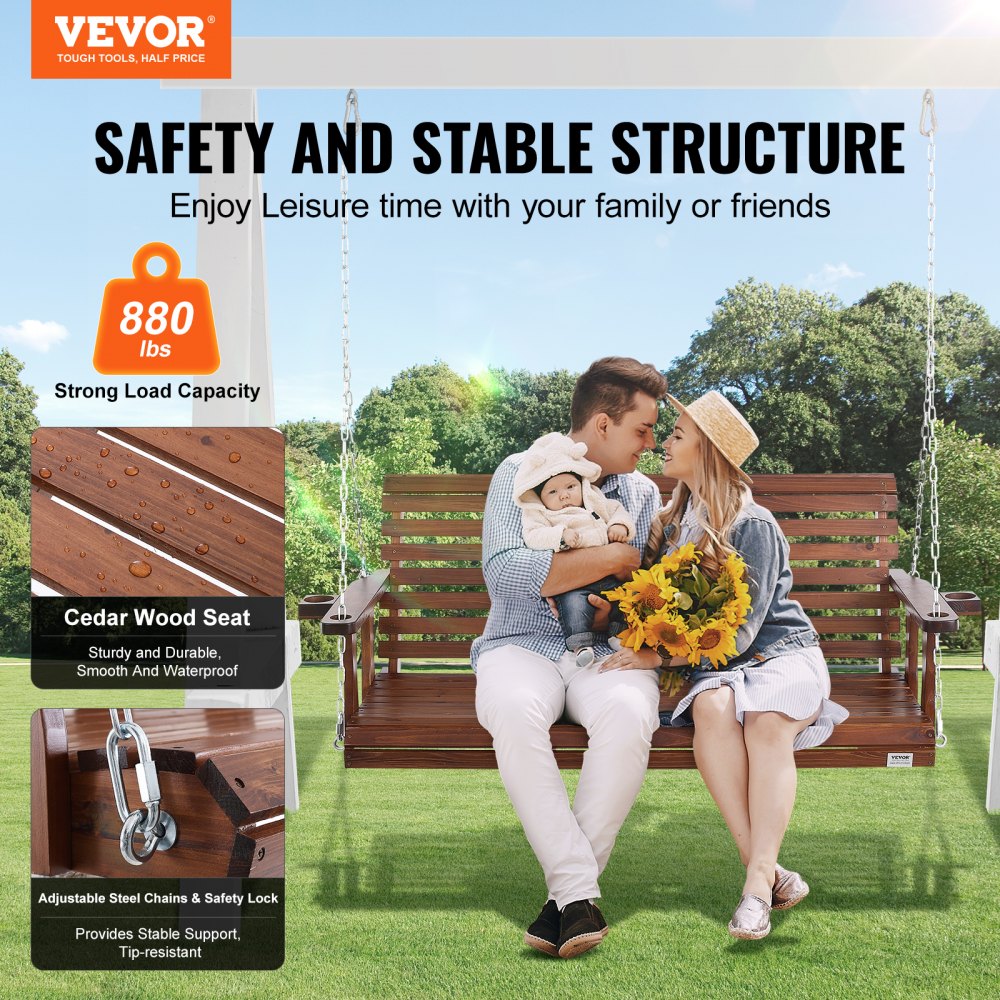 VEVOR Wooden Porch Swing 5.5 ft, Patio bench swing for Courtyard & Garden, Upgraded 880 lbs Strong Load Capacity, Heavy