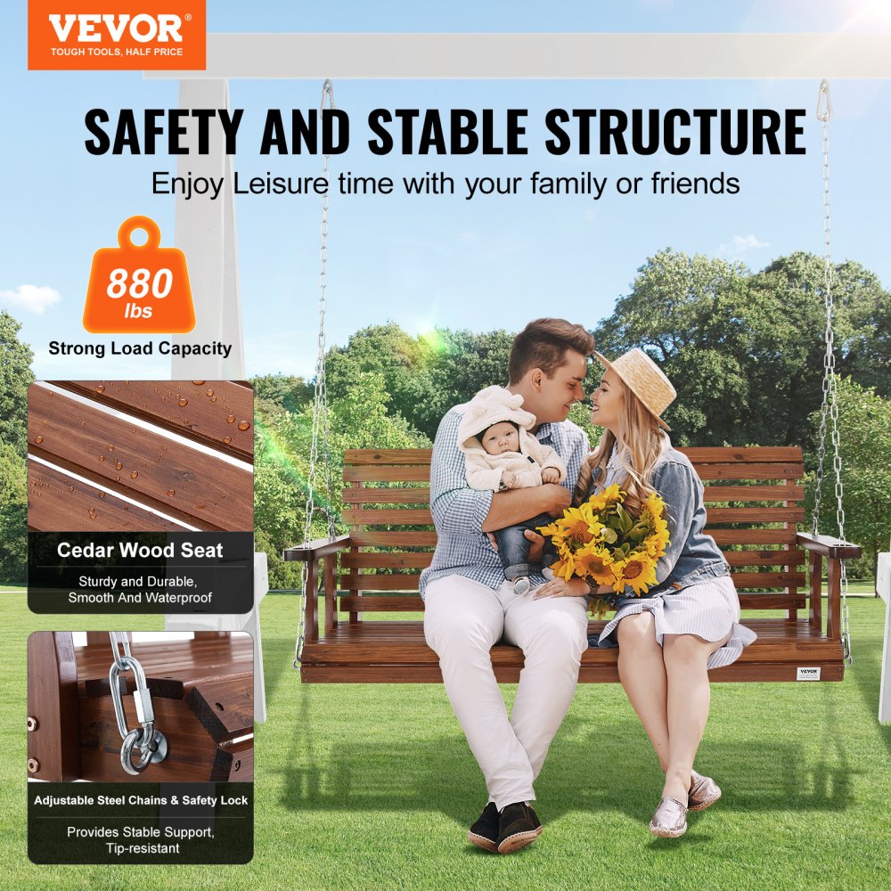 VEVOR Wooden Porch Swing 5 ft, Patio bench swing for Courtyard & Garden, Upgraded 880 lbs Strong Load Capacity, Heavy