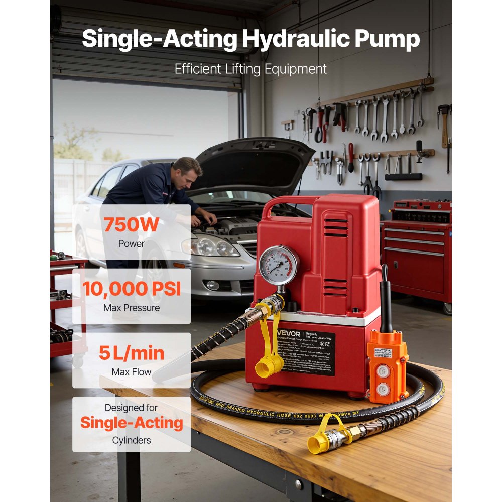 VEVOR Electric Hydraulic Pump, 750W 10,000 PSI, 120V Single Acting Electric Driven Hydraulic Pump Power Pack Unit, with
