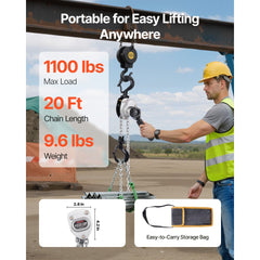 VEVOR Manual Lever Chain Hoist, 1/2T 1100LBS Capacity Heavy Duty Come Along, 20FT Lift G80 Alloy Steel Chain With Dual