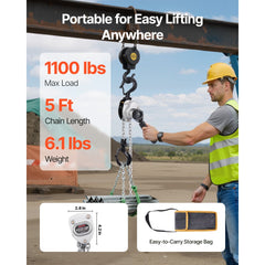 VEVOR Manual Lever Chain Hoist, 1/2T 1100LBS Capacity Heavy Duty Come Along, 5FT Lift G80 Alloy Steel Chain With Dual