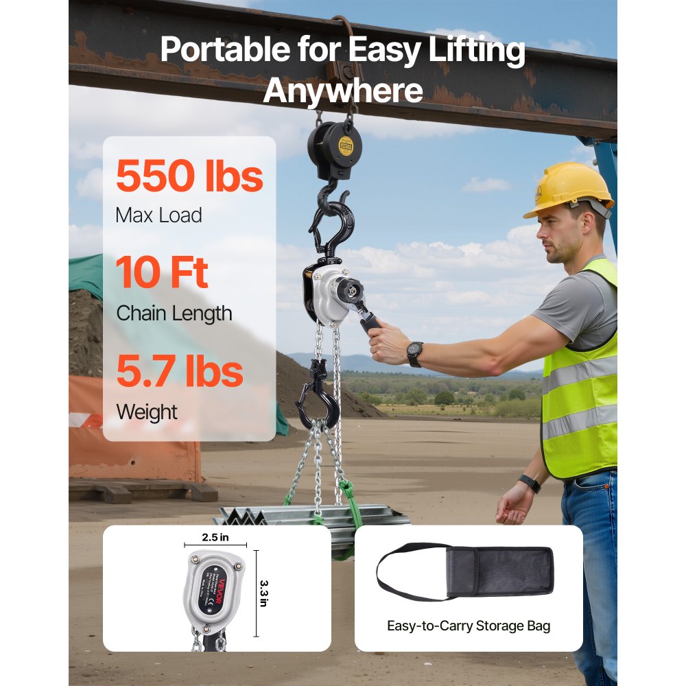 VEVOR Manual Lever Chain Hoist, 1/4T 550LBS Capacity Heavy Duty Come Along, 10FT Lift G80 Alloy Steel Chain With Dual