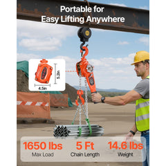 VEVOR Manual Lever Chain Hoist, 3/4T 1650LBS Capacity Heavy Duty Come Along, 5FT Lift G80 Alloy Steel Chain With Dual
