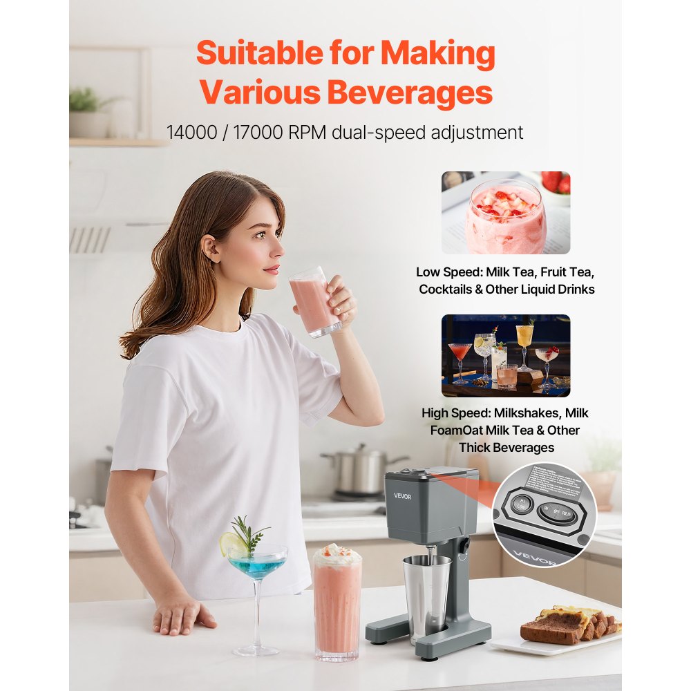 VEVOR Milkshake Maker, 150W Milk Shake Maker Mixer, Single Head Drink Mixer Blender Machine, Dual-Speed Adjustment