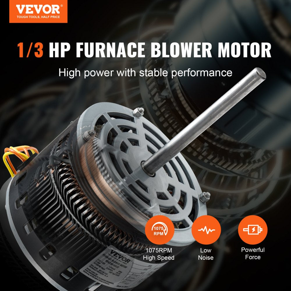 VEVOR 1/3HP Furnace Blower Motor, 110/120V 4.4Amps, 1075RPM 4 Speeds, CW/CCW Rotation, 48 Frame 5.2" Shaft Length