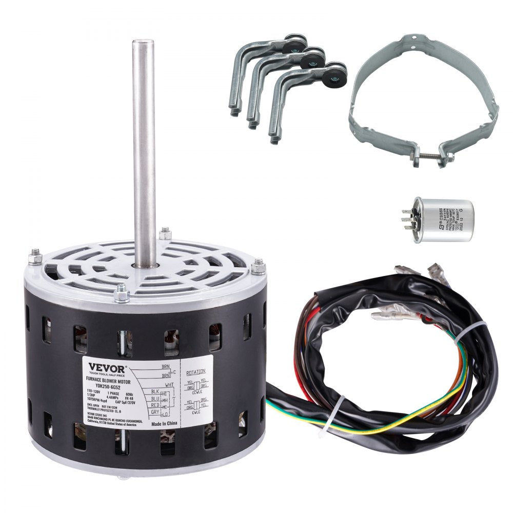 VEVOR 1/3HP Furnace Blower Motor, 110/120V 4.4Amps, 1075RPM 4 Speeds, CW/CCW Rotation, 48 Frame 5.2" Shaft Length