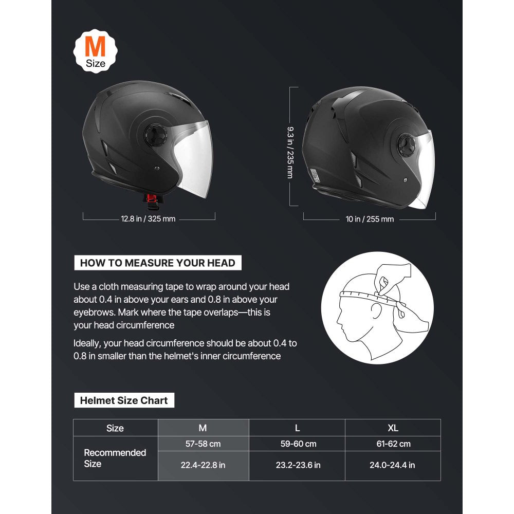 VEVOR Motorcycle Helmet, 3/4 Open Face, Adult Motocross Dirt Bike Helmet with Clear Visor, Comfortable Motorbike Racing