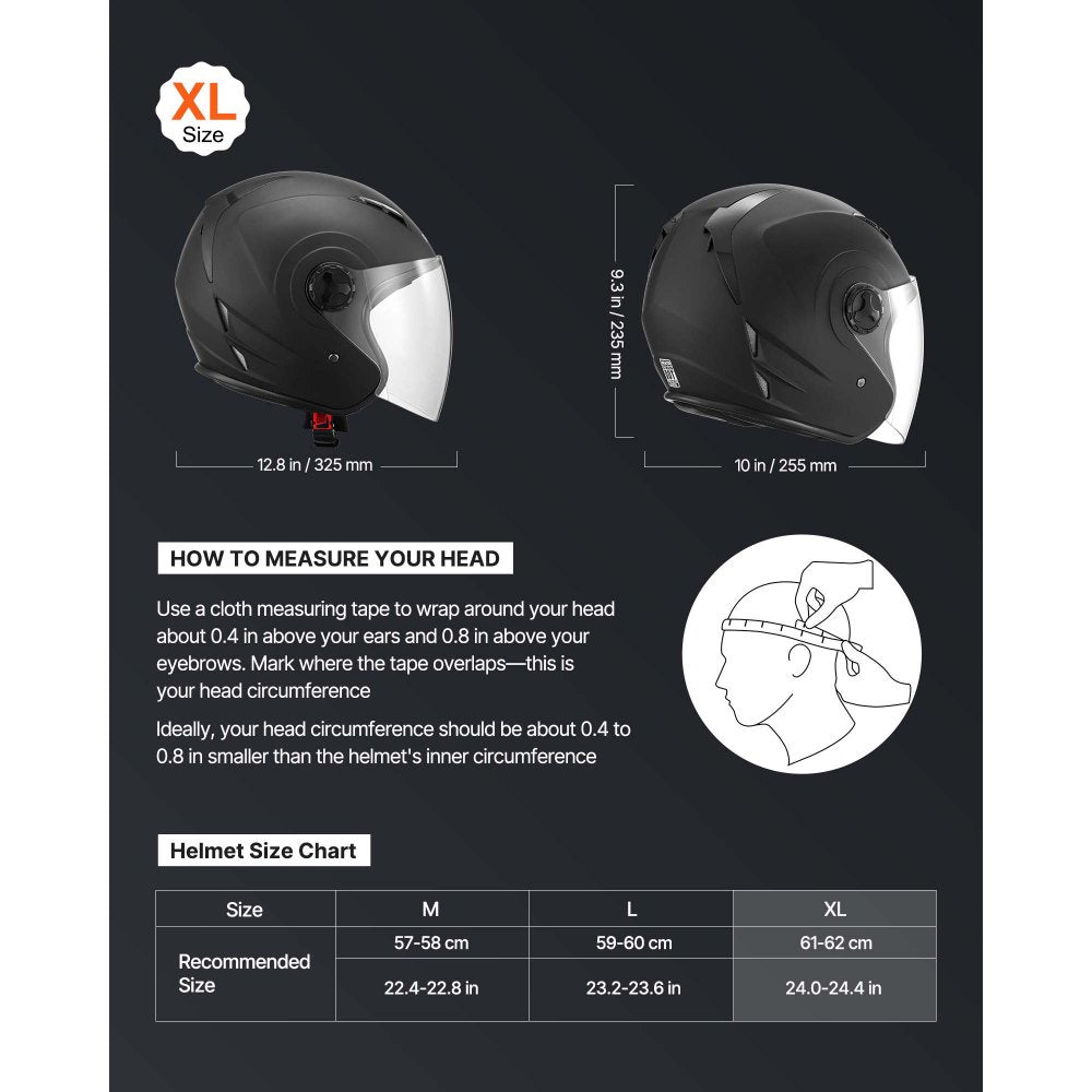 VEVOR Motorcycle Helmet, 3/4 Open Face, Adult Motocross Dirt Bike Helmet with Clear Visor, Comfortable Motorbike Racing