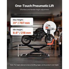 VEVOR Motorcycle Lift Table, 1500lbs Weight Capacity, Pneumatic Motorcycle Jack, 8.6-31 in Height Range, Heavy Duty