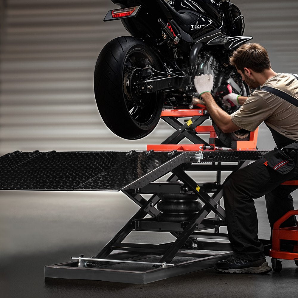 VEVOR Motorcycle Lift Table, 1500lbs Weight Capacity, Pneumatic Motorcycle Jack, 8.6-31 in Height Range, Heavy Duty