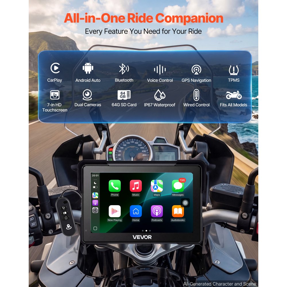 VEVOR 7 Inch Wireless Motorcycle Carplay with Apple Carplay & Android Auto, HD Touchscreen GPS Navigation System with