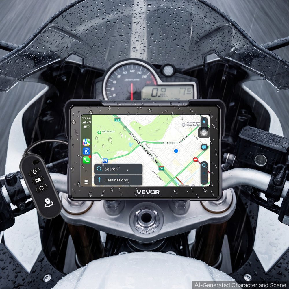 VEVOR 7 Inch Wireless Motorcycle Carplay with Apple Carplay & Android Auto, HD Touchscreen GPS Navigation System with