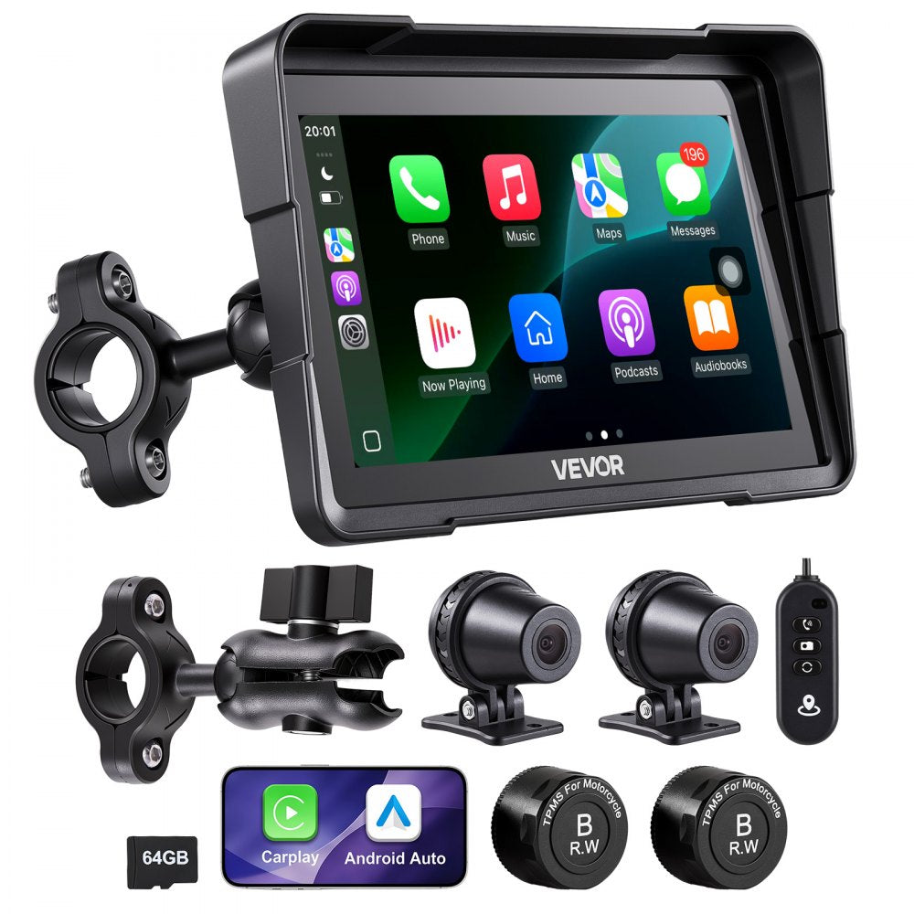 VEVOR 7 Inch Wireless Motorcycle Carplay with Apple Carplay & Android Auto, HD Touchscreen GPS Navigation System with