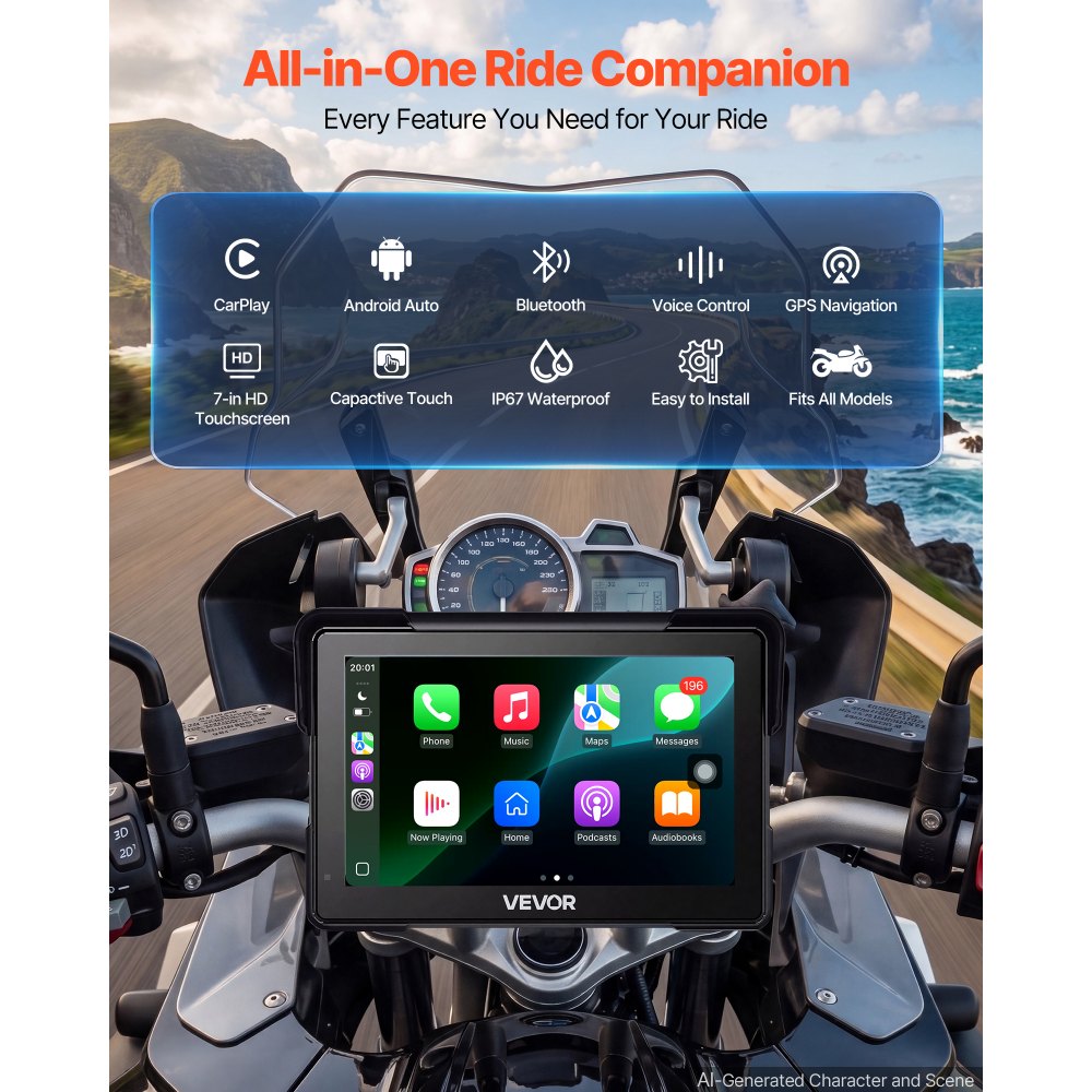 VEVOR 7 Inch Wireless Motorcycle Carplay with Apple Carplay & Android Auto, HD Touchscreen GPS Navigation System with