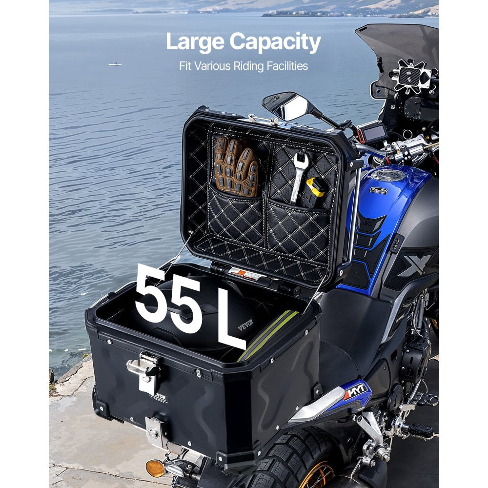 VEVOR Motorcycle Top Case, Universal Aluminum Alloy Motorbike Tail Box with Leather Lining, 55L Waterproof Detachable
