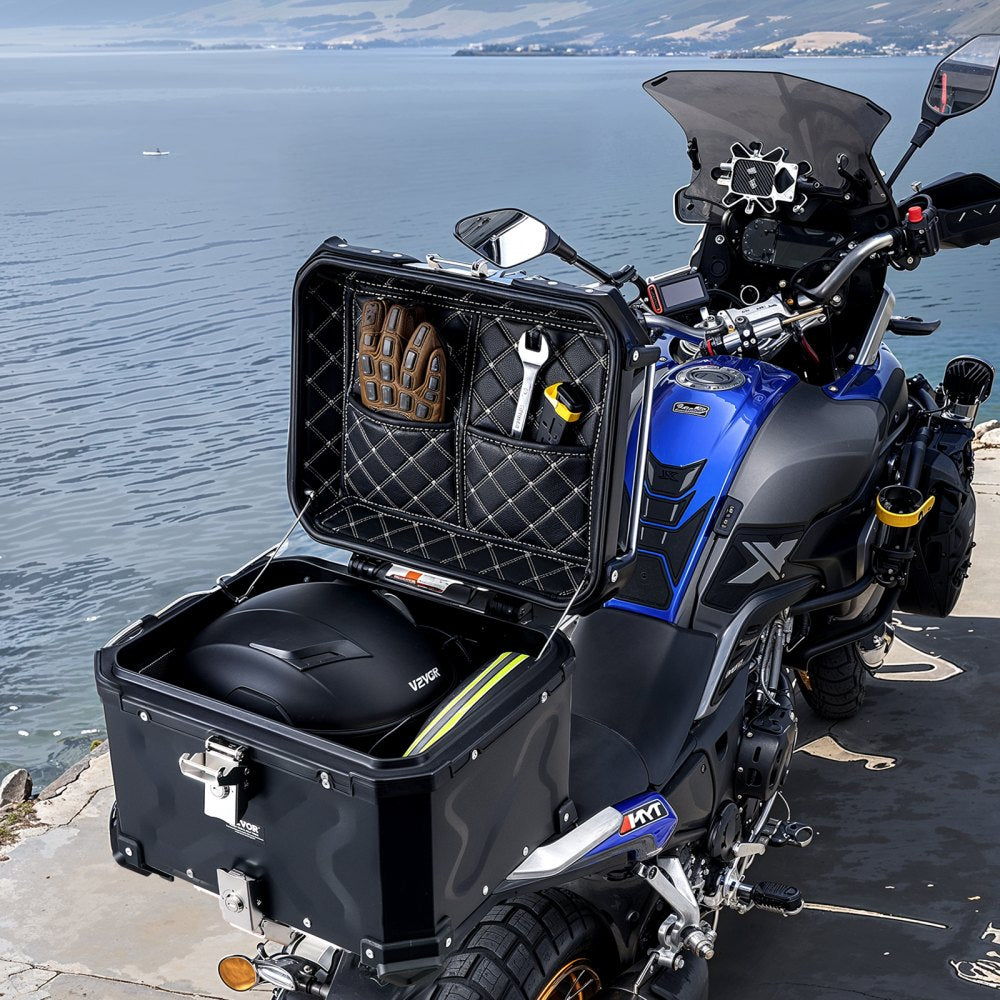 VEVOR Motorcycle Top Case, Universal Aluminum Alloy Motorbike Tail Box with Leather Lining, 55L Waterproof Detachable