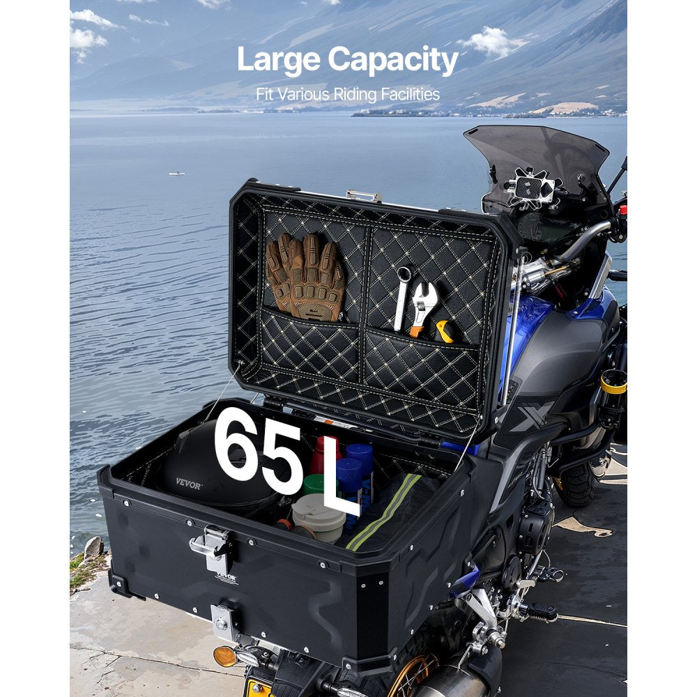 VEVOR Motorcycle Top Case, Universal Aluminum Alloy Motorbike Tail Box with Leather Lining, 65L Waterproof Detachable