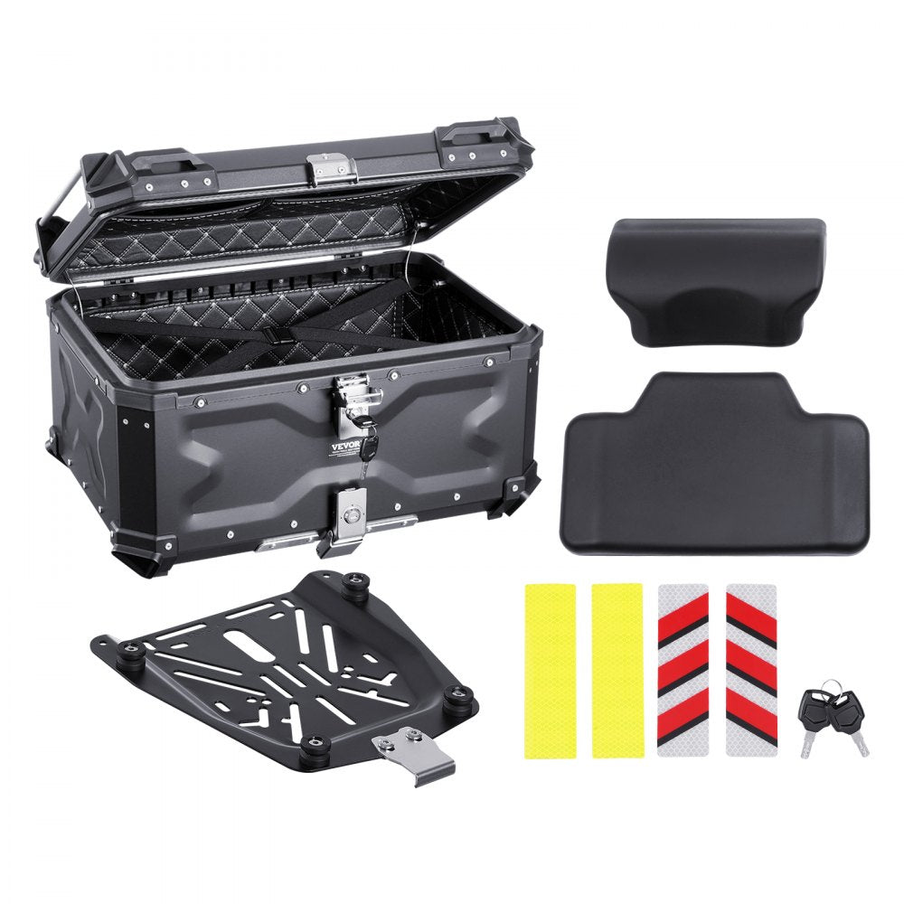 VEVOR Motorcycle Top Case, Universal Aluminum Alloy Motorbike Tail Box with Leather Lining, 65L Waterproof Detachable