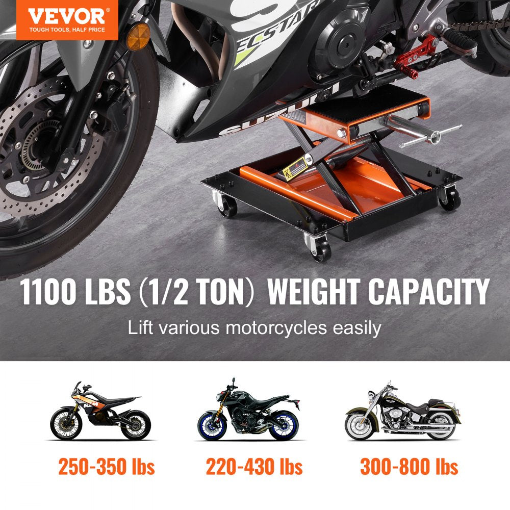 VEVOR Motorcycle Lift, 1100 LBS Motorcycle Lift ATV Scissor Lift Jack with Dolly & Hand Crank, Center Hoist Crank Stand