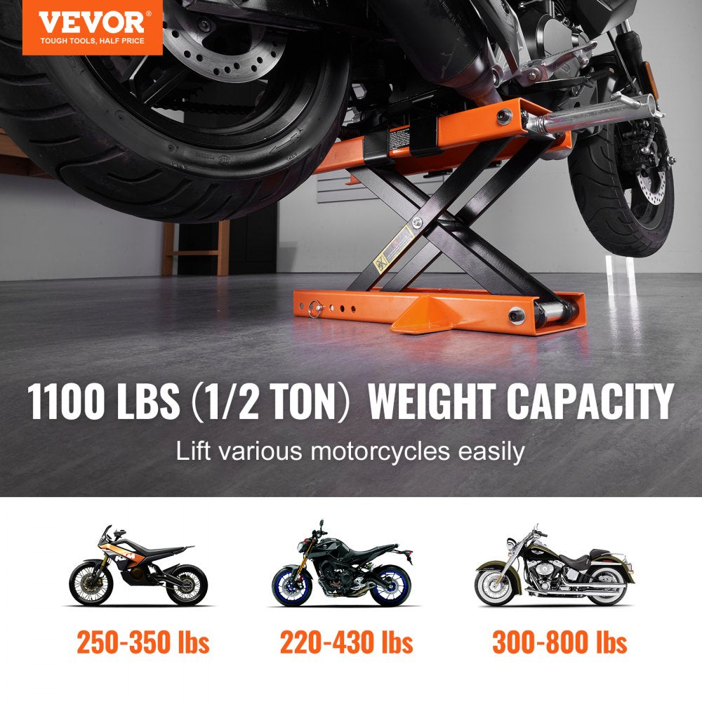 VEVOR Motorcycle Lift, 500 kg Motorcycle Center Scissor Lift Jack with Saddle & Safety Pin, Steel Motorcycle Jack Hoist