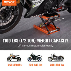 VEVOR Motorcycle Lift, 1100 LBS Motorcycle Scissor Lift Jack with Wide Deck & Safety Pin, 3.7"-13.8" Center Hoist Crank