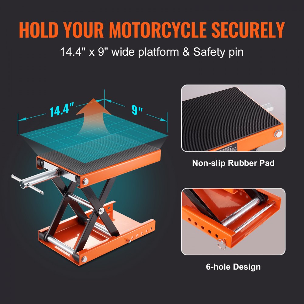 VEVOR Motorcycle Lift, 1100 LBS Motorcycle Scissor Lift Jack with Wide Deck & Safety Pin, 3.7"-13.8" Center Hoist Crank