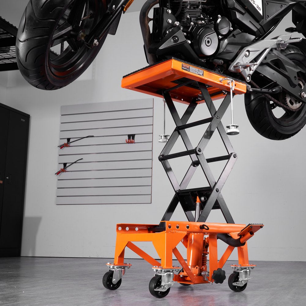 VEVOR Hydraulic Motorcycle Lift Table, 350 LBS Capacity Motorcycle Scissor Jack Lift with Wide Deck, J-hooks, 4 Wheels