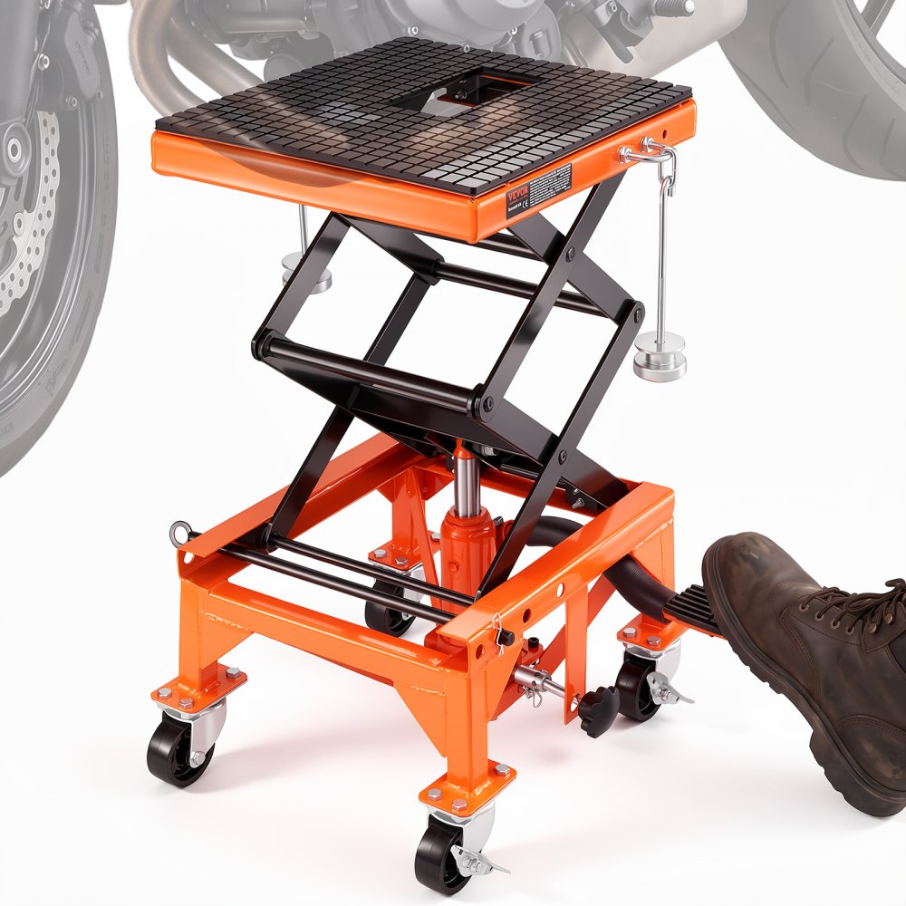 VEVOR Hydraulic Motorcycle Lift Table, 350 LBS Capacity Motorcycle Scissor Jack Lift with Wide Deck, J-hooks, 4 Wheels