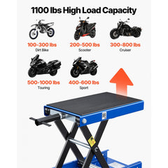 VEVOR Motorcycle Lift, 1100 lbs Motorcycle Scissor Lift Jack with Wide Deck & Lock Pin, 3.74"-13.38" Center Hoist Crank