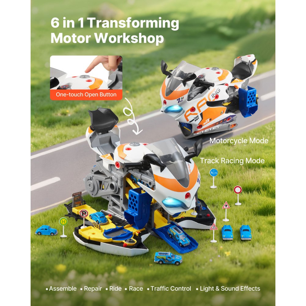 VEVOR Motorcycle Engine Toy, 25 Pieces, Motorcycle Mechanic Toy with Removable Parts, Lights & Sounds, Simulated Riding