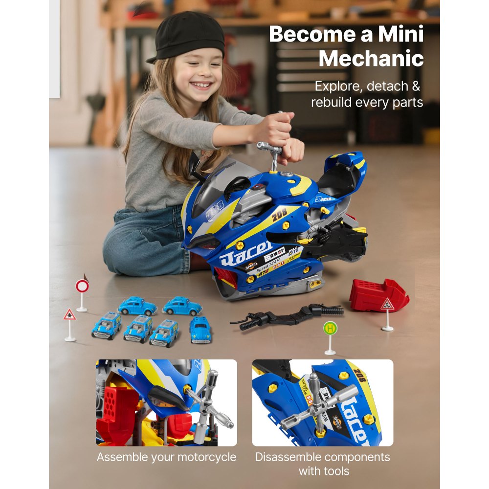 VEVOR Motorcycle Engine Toy, 25 Pieces, Motorcycle Mechanic Toy with Removable Parts, Lights & Sounds, Simulated Riding