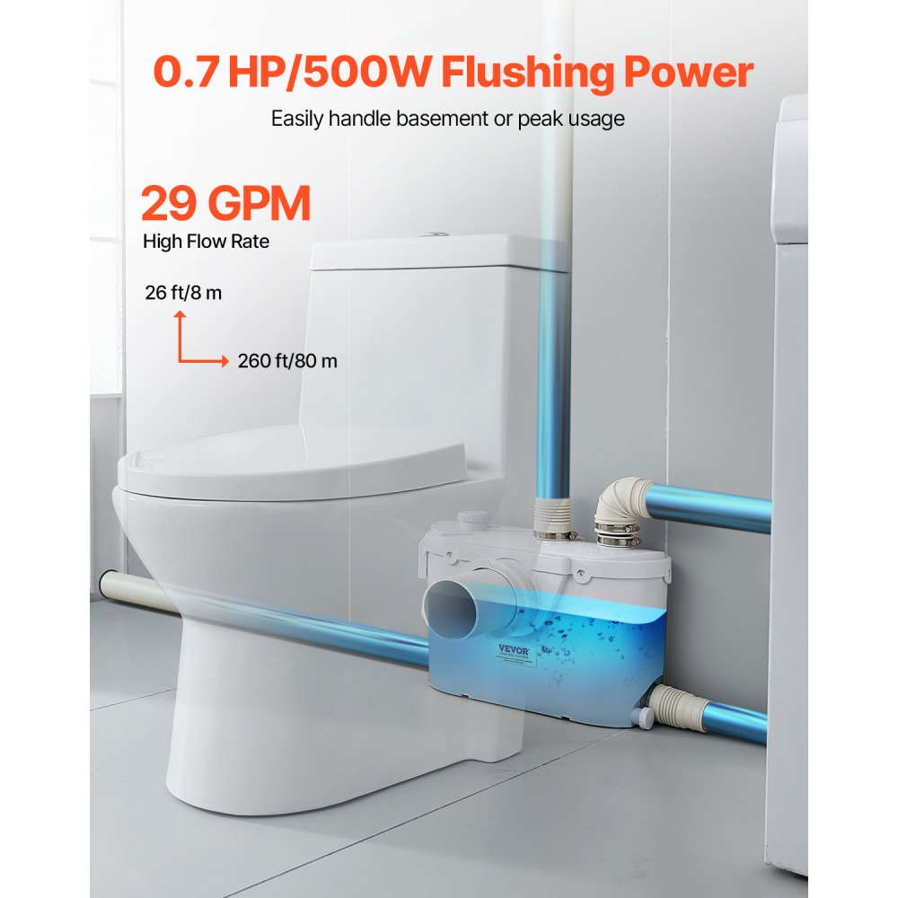 VEVOR Macerator Pump, 500W, 29 GPM Flow, 26 ft/8 m Head, Macerator Sewerage Toilet Pump with 4 Water Inlets, Waste