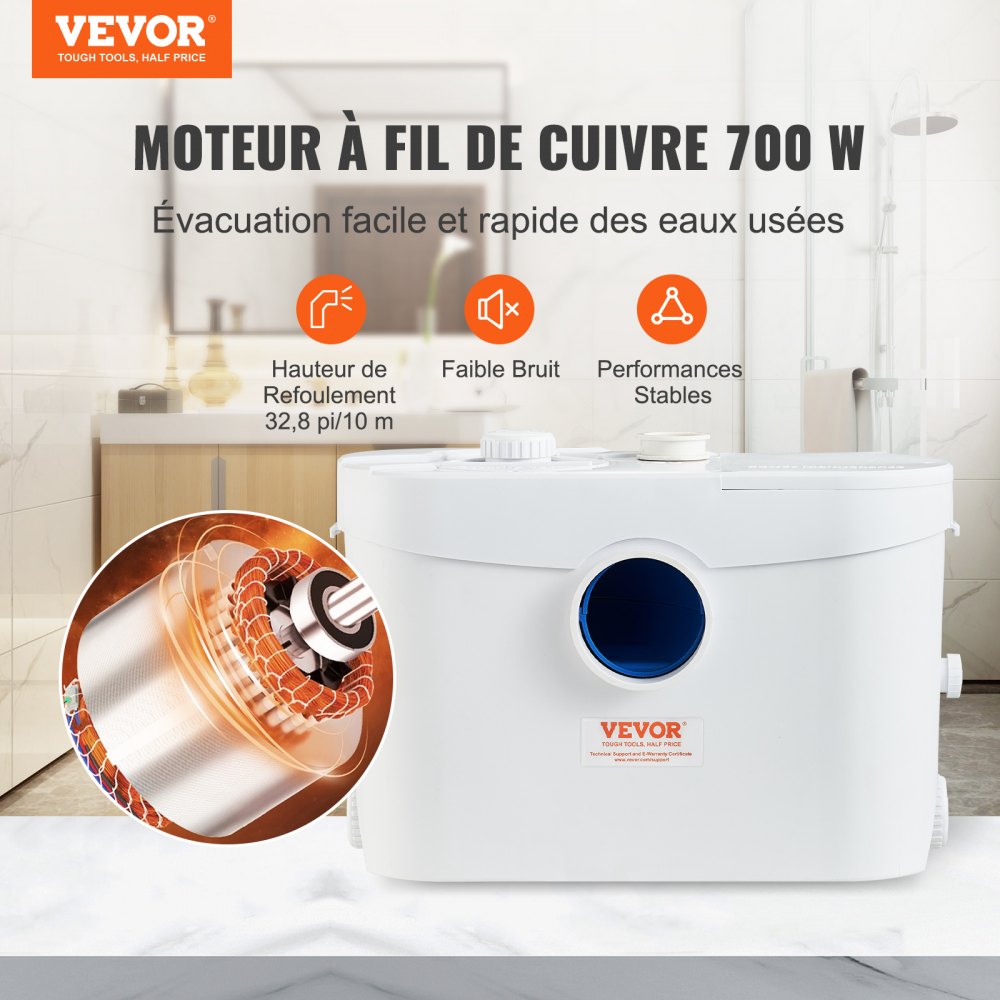 VEVOR Macerator Pump, 700W, 9600 L/h Flow, 32.8 ft/10 m Head, Macerator Sewerage Sump Pump with 3 Water Inlets for