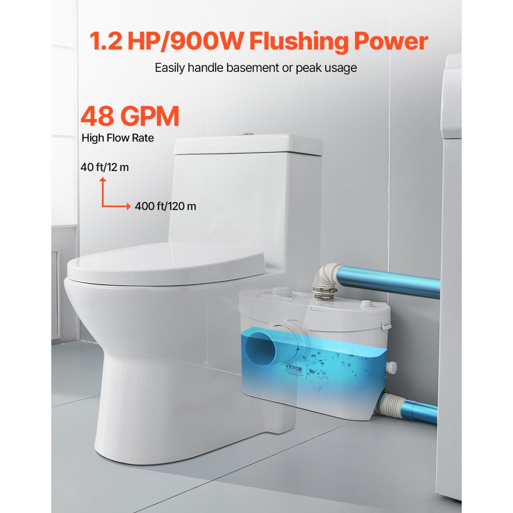 VEVOR Macerator Pump, 900W, 48 GPM Flow, 40 ft/12 m Head, Macerator Sewerage Toilet Pump with 4 Water Inlets, Waste