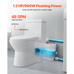 VEVOR Macerator Pump, 900W, 48 GPM Flow, 40 ft/12 m Head, Macerator Sewerage Toilet Pump with 4 Water Inlets, Waste