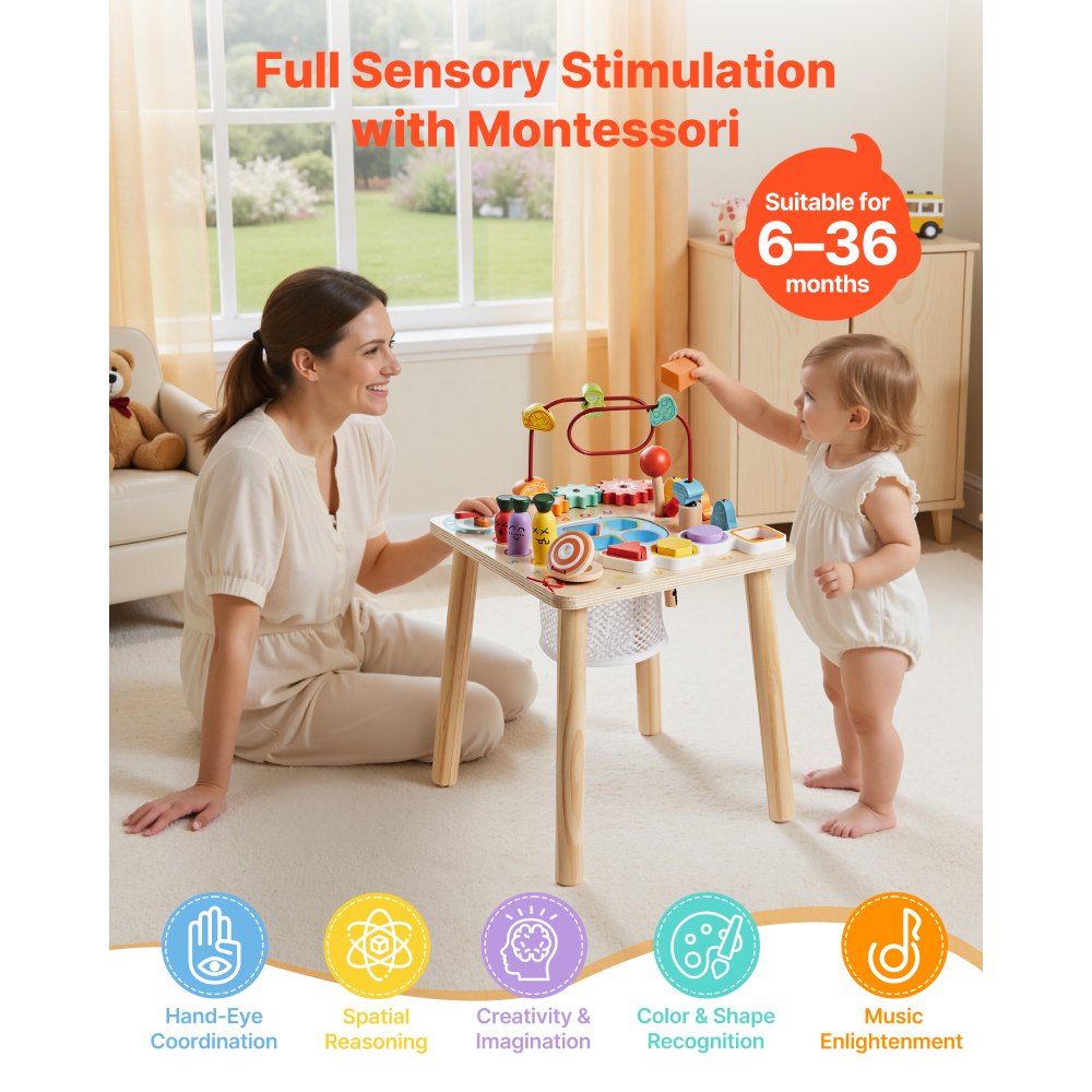 VEVOR Montessori Activity Table for Toddler 1-3 Years Old, 8 in 1 Wooden Learn Activity Desk, Baby Play Table for Boys