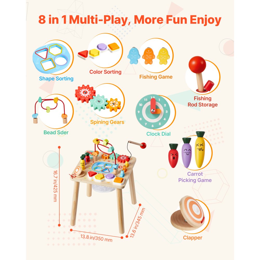VEVOR Montessori Activity Table for Toddler 1-3 Years Old, 8 in 1 Wooden Learn Activity Desk, Baby Play Table for Boys