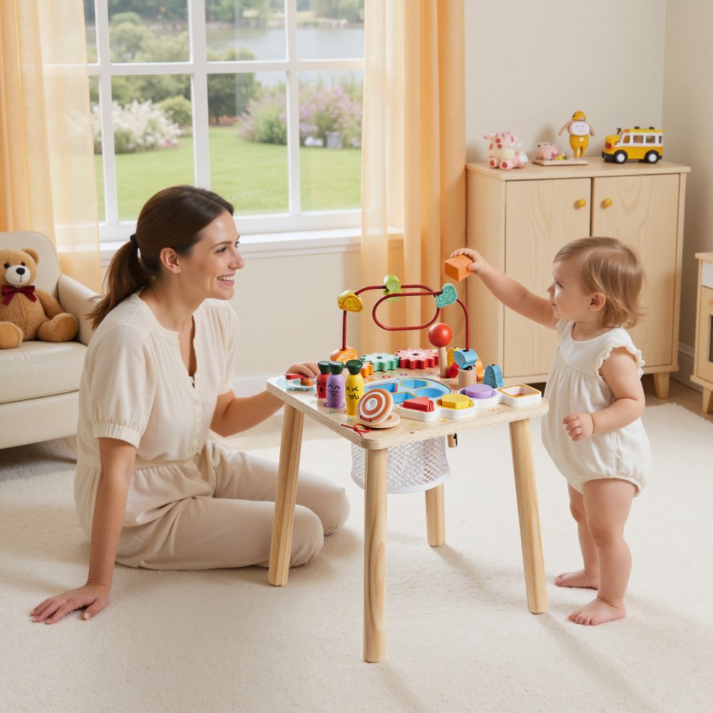VEVOR Montessori Activity Table for Toddler 1-3 Years Old, 8 in 1 Wooden Learn Activity Desk, Baby Play Table for Boys