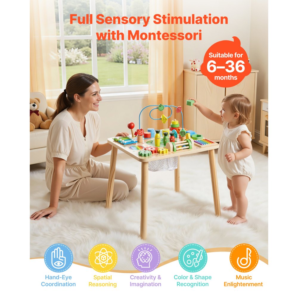 VEVOR Montessori Activity Table for Toddler 1-3 Years Old, 13 in 1 Wooden Learn Activity Desk, Baby Play Table for Boys