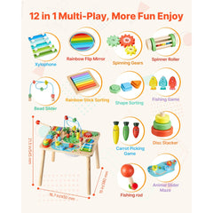 VEVOR Montessori Activity Table for Toddler 1-3 Years Old, 13 in 1 Wooden Learn Activity Desk, Baby Play Table for Boys