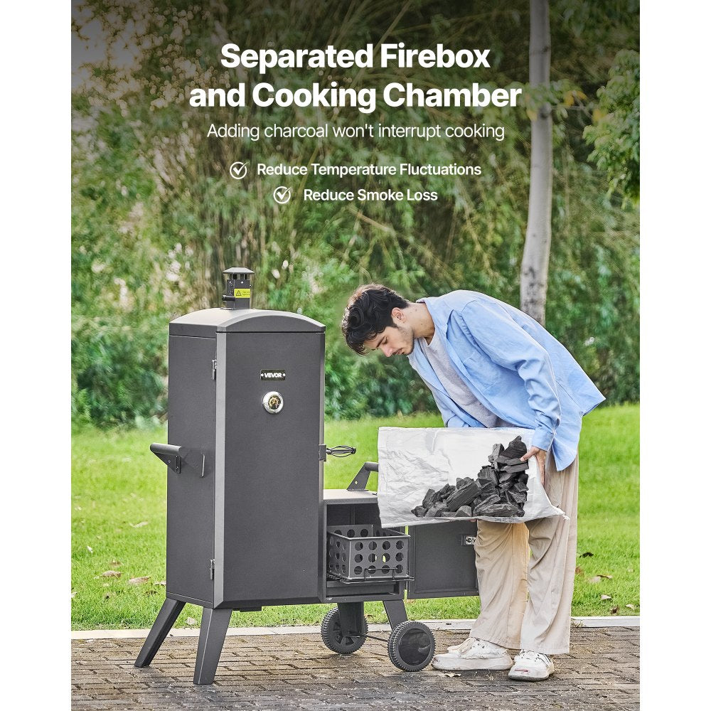 VEVOR Charcoal Offset Smoker, Heavy-Duty Steel BBQ Offset Smoker with Side Firebox, Movable Outdoor Barbecue Smokers