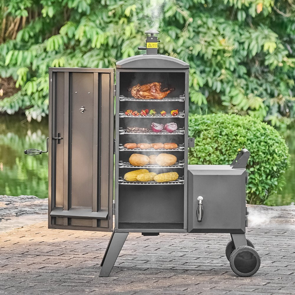 VEVOR Charcoal Offset Smoker, Heavy-Duty Steel BBQ Offset Smoker with Side Firebox, Movable Outdoor Barbecue Smokers
