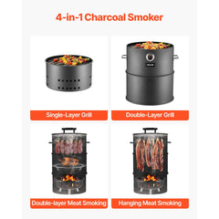 VEVOR Charcoal Smoker Grill, 18.5" Barrel Charcoal BBQ Smoker, Coated Steel Outdoor Barbecue Grill with 2 Grilling
